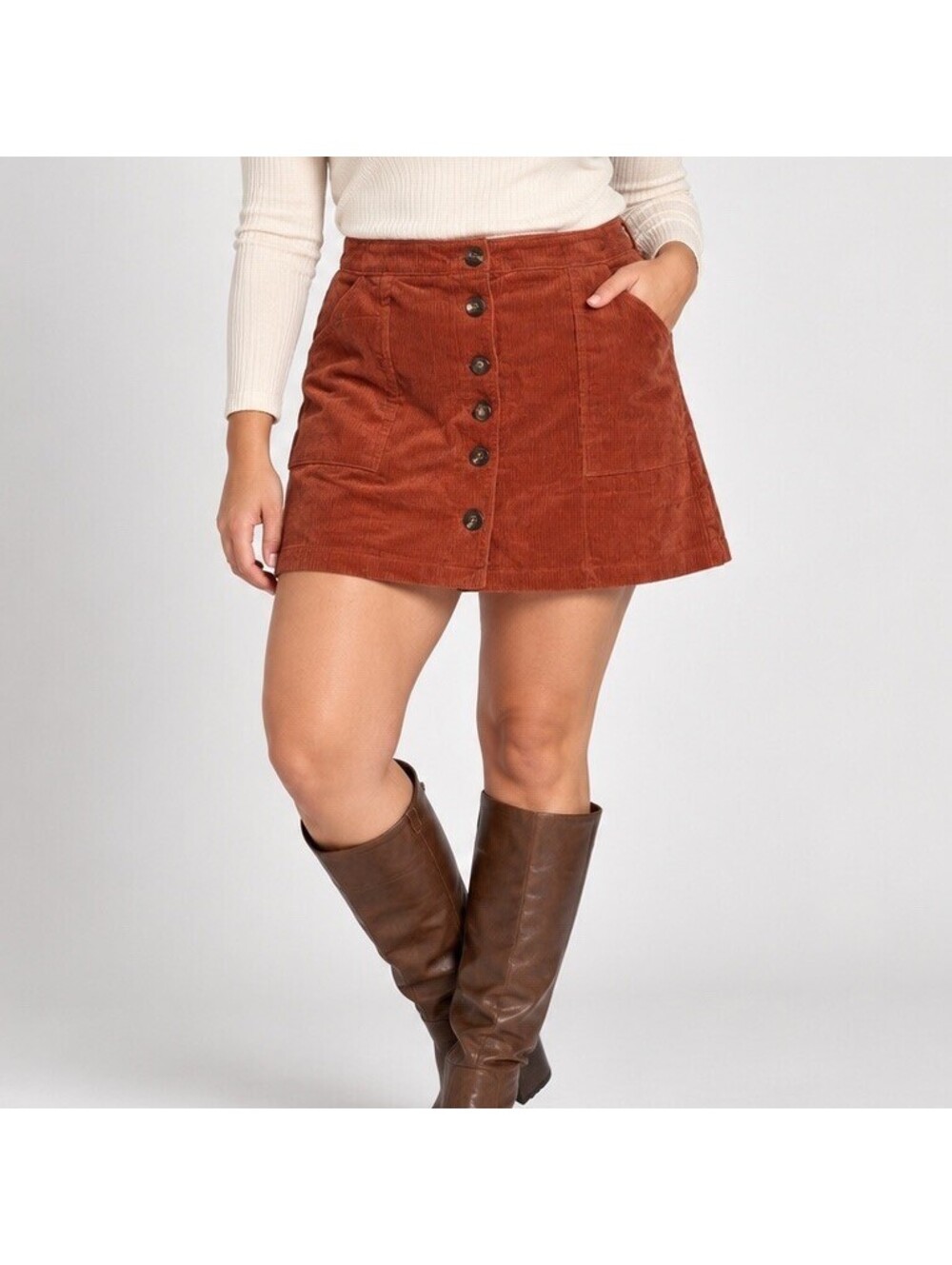 Chloe & Katie Corduroy Mini Skirt XL Rust Orange Button Front A Line Boho 70s